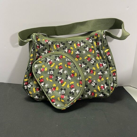 Disney Mickey Mouse Shoulder Purse W/ Makeup Bag Olive Green All Over Print - Picture 1 of 5